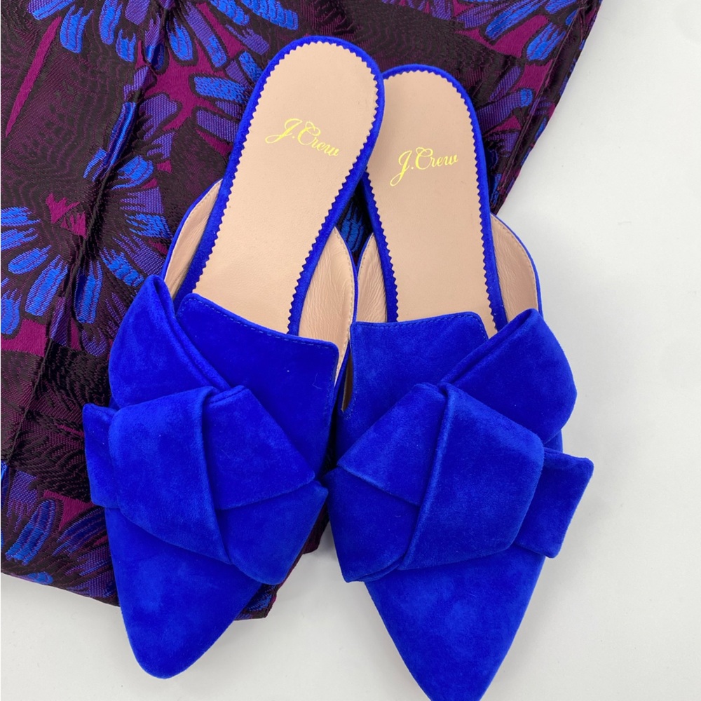 J. Crew Cobalt Blue Suede Pointed-Toe Bow Mules